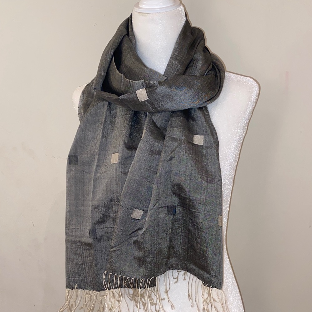 Gray ivory woven square motif silk-like long scarf 16 x 64 (fringe is 2.5 long)